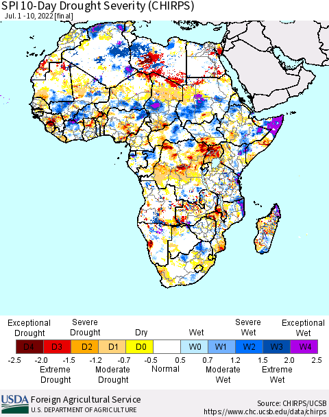 Africa SPI 10-Day Drought Severity (CHIRPS) Thematic Map For 7/1/2022 - 7/10/2022