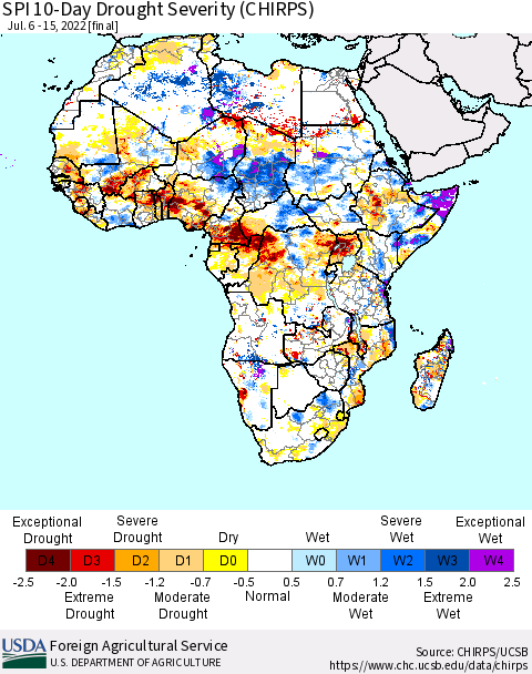 Africa SPI 10-Day Drought Severity (CHIRPS) Thematic Map For 7/6/2022 - 7/15/2022