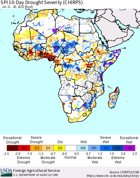 Africa SPI 10-Day Drought Severity (CHIRPS) Thematic Map For 7/11/2022 - 7/20/2022