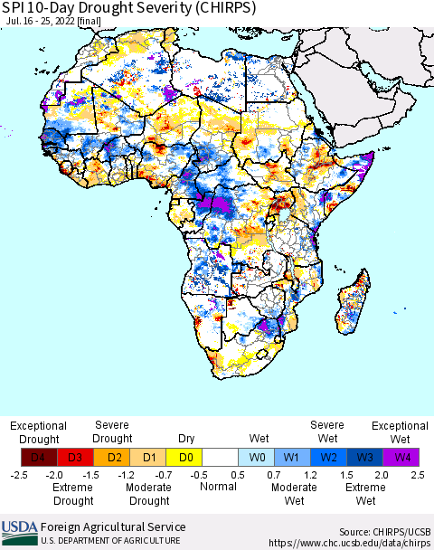 Africa SPI 10-Day Drought Severity (CHIRPS) Thematic Map For 7/16/2022 - 7/25/2022