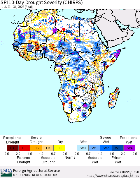 Africa SPI 10-Day Drought Severity (CHIRPS) Thematic Map For 7/21/2022 - 7/31/2022