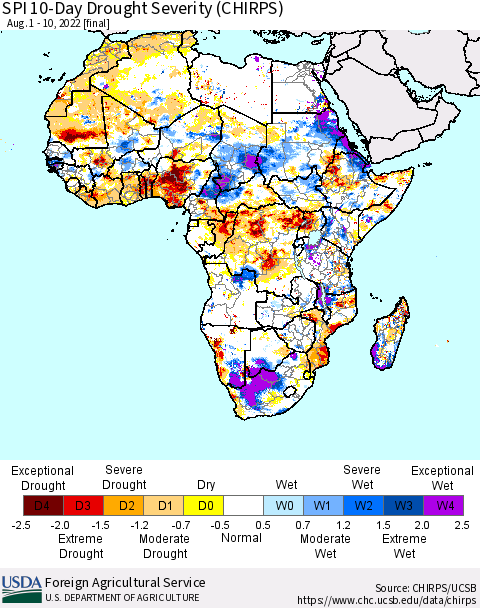 Africa SPI 10-Day Drought Severity (CHIRPS) Thematic Map For 8/1/2022 - 8/10/2022