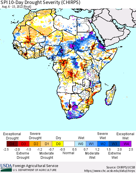Africa SPI 10-Day Drought Severity (CHIRPS) Thematic Map For 8/6/2022 - 8/15/2022