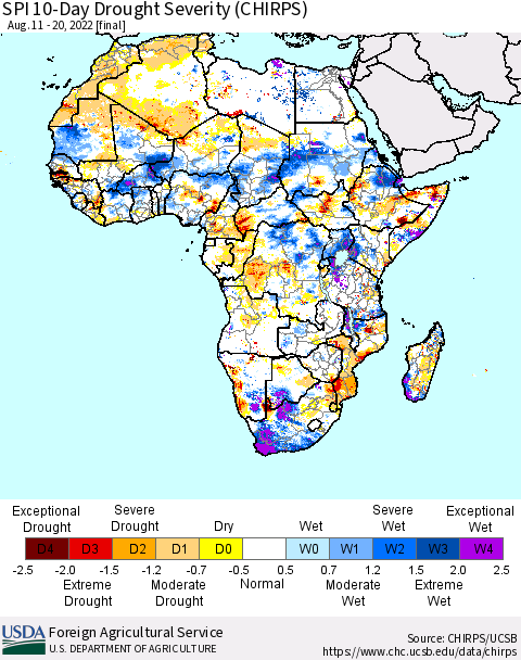 Africa SPI 10-Day Drought Severity (CHIRPS) Thematic Map For 8/11/2022 - 8/20/2022
