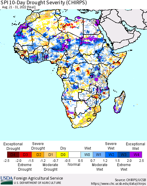 Africa SPI 10-Day Drought Severity (CHIRPS) Thematic Map For 8/21/2022 - 8/31/2022