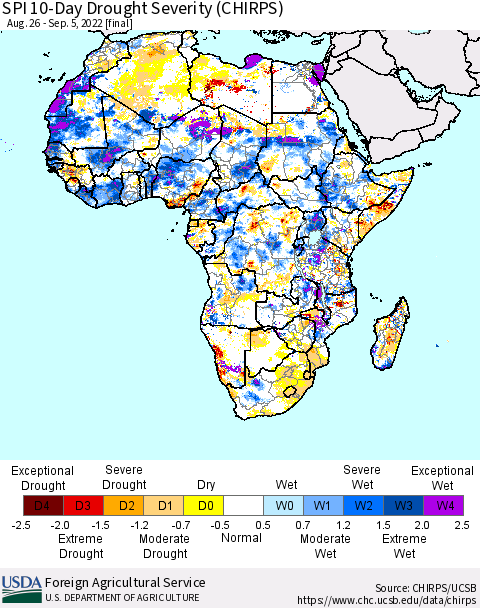 Africa SPI 10-Day Drought Severity (CHIRPS) Thematic Map For 8/26/2022 - 9/5/2022