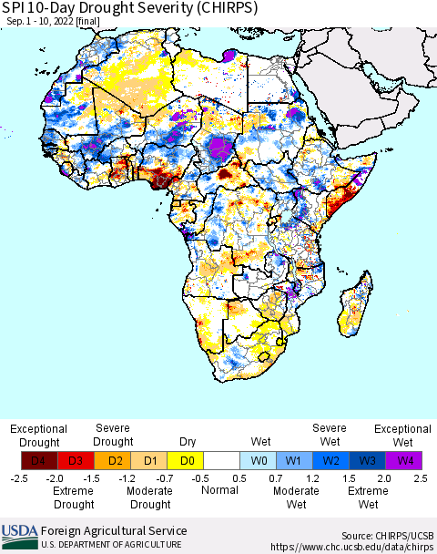 Africa SPI 10-Day Drought Severity (CHIRPS) Thematic Map For 9/1/2022 - 9/10/2022