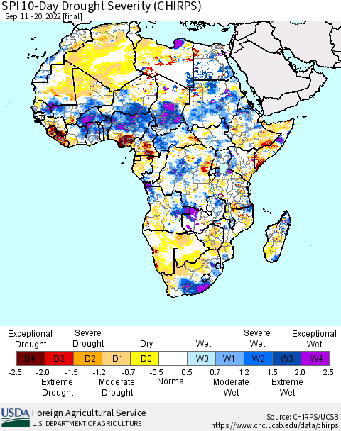 Africa SPI 10-Day Drought Severity (CHIRPS) Thematic Map For 9/11/2022 - 9/20/2022