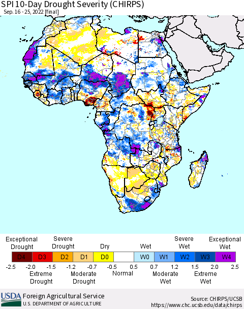 Africa SPI 10-Day Drought Severity (CHIRPS) Thematic Map For 9/16/2022 - 9/25/2022