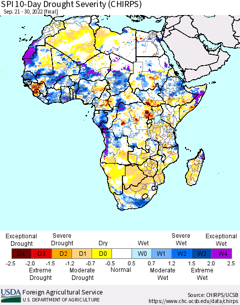 Africa SPI 10-Day Drought Severity (CHIRPS) Thematic Map For 9/21/2022 - 9/30/2022