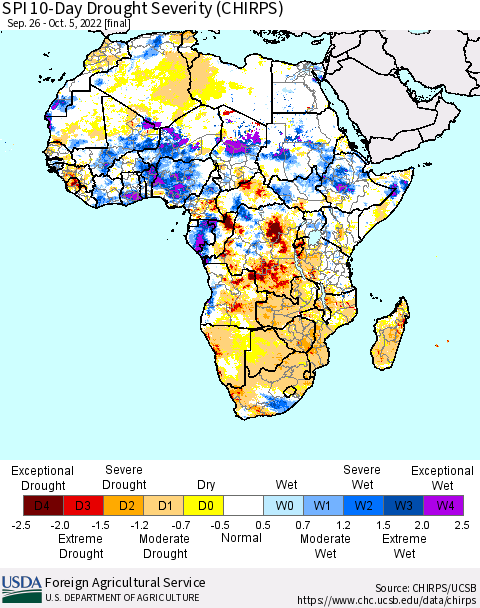 Africa SPI 10-Day Drought Severity (CHIRPS) Thematic Map For 9/26/2022 - 10/5/2022