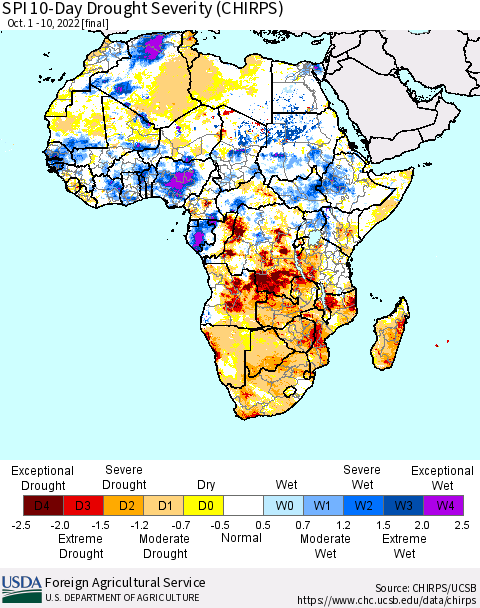 Africa SPI 10-Day Drought Severity (CHIRPS) Thematic Map For 10/1/2022 - 10/10/2022