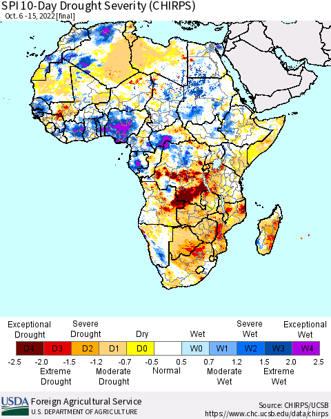 Africa SPI 10-Day Drought Severity (CHIRPS) Thematic Map For 10/6/2022 - 10/15/2022