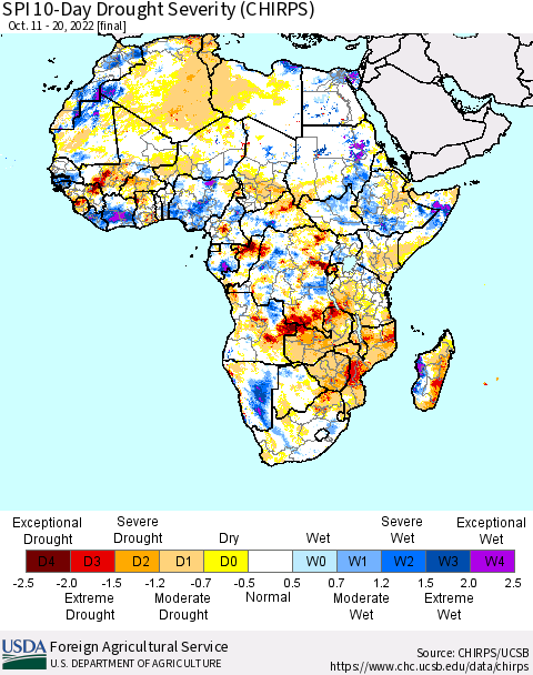 Africa SPI 10-Day Drought Severity (CHIRPS) Thematic Map For 10/11/2022 - 10/20/2022