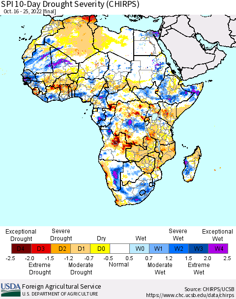 Africa SPI 10-Day Drought Severity (CHIRPS) Thematic Map For 10/16/2022 - 10/25/2022