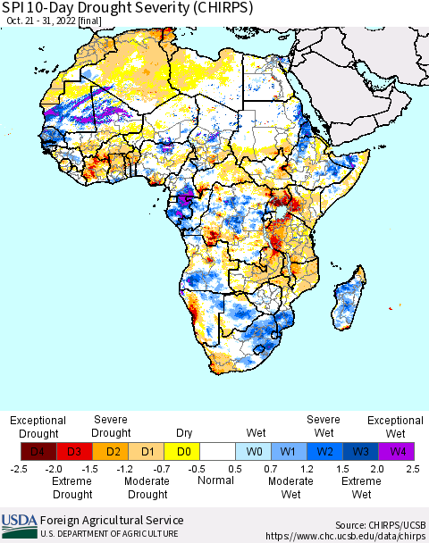 Africa SPI 10-Day Drought Severity (CHIRPS) Thematic Map For 10/21/2022 - 10/31/2022