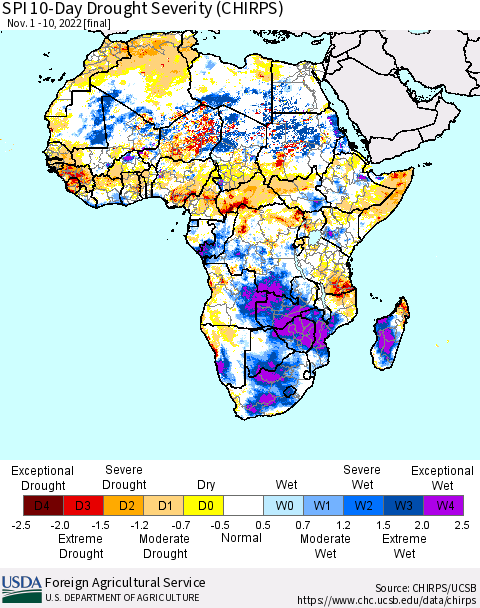 Africa SPI 10-Day Drought Severity (CHIRPS) Thematic Map For 11/1/2022 - 11/10/2022