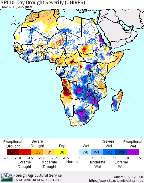 Africa SPI 10-Day Drought Severity (CHIRPS) Thematic Map For 11/6/2022 - 11/15/2022