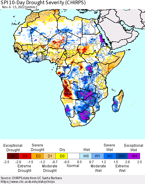 Africa SPI 10-Day Drought Severity (CHIRPS) Thematic Map For 11/6/2022 - 11/15/2022
