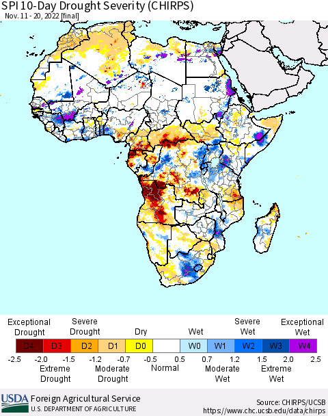 Africa SPI 10-Day Drought Severity (CHIRPS) Thematic Map For 11/11/2022 - 11/20/2022