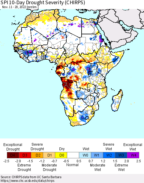 Africa SPI 10-Day Drought Severity (CHIRPS) Thematic Map For 11/11/2022 - 11/20/2022