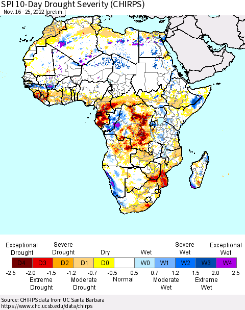 Africa SPI 10-Day Drought Severity (CHIRPS) Thematic Map For 11/16/2022 - 11/25/2022