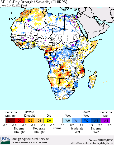 Africa SPI 10-Day Drought Severity (CHIRPS) Thematic Map For 11/21/2022 - 11/30/2022