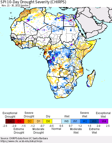 Africa SPI 10-Day Drought Severity (CHIRPS) Thematic Map For 11/21/2022 - 11/30/2022
