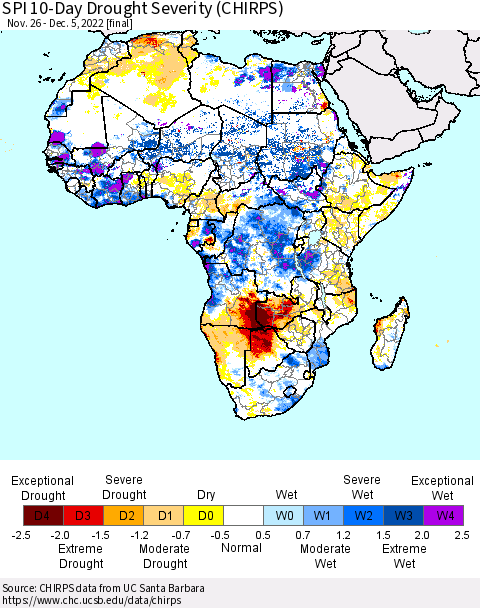 Africa SPI 10-Day Drought Severity (CHIRPS) Thematic Map For 11/26/2022 - 12/5/2022