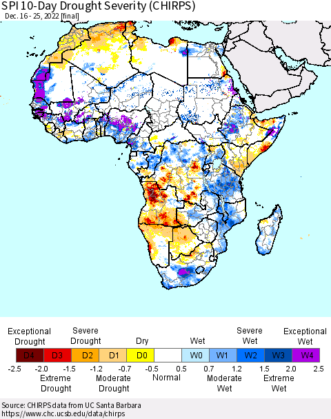 Africa SPI 10-Day Drought Severity (CHIRPS) Thematic Map For 12/16/2022 - 12/25/2022