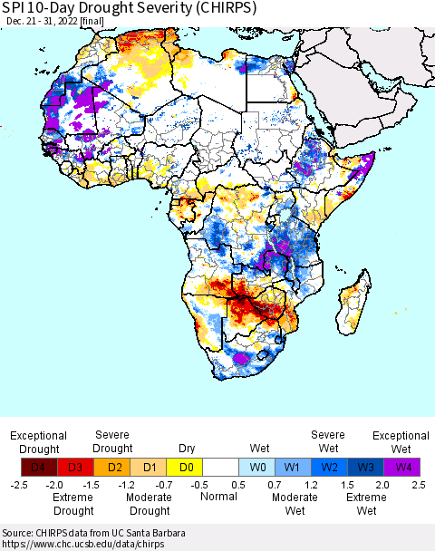 Africa SPI 10-Day Drought Severity (CHIRPS) Thematic Map For 12/21/2022 - 12/31/2022