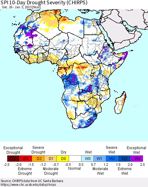 Africa SPI 10-Day Drought Severity (CHIRPS) Thematic Map For 12/26/2022 - 1/5/2023