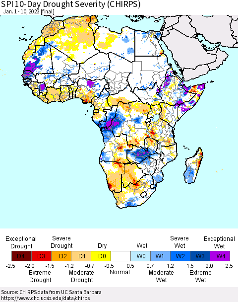 Africa SPI 10-Day Drought Severity (CHIRPS) Thematic Map For 1/1/2023 - 1/10/2023