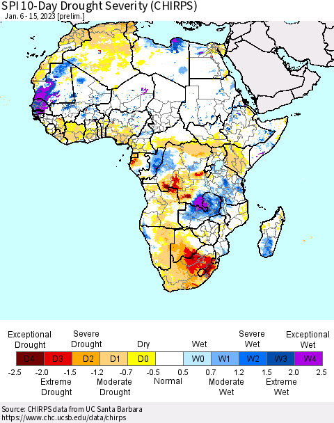 Africa SPI 10-Day Drought Severity (CHIRPS) Thematic Map For 1/6/2023 - 1/15/2023