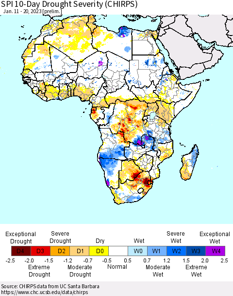 Africa SPI 10-Day Drought Severity (CHIRPS) Thematic Map For 1/11/2023 - 1/20/2023
