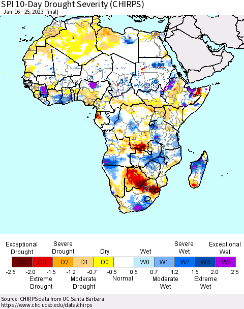 Africa SPI 10-Day Drought Severity (CHIRPS) Thematic Map For 1/16/2023 - 1/25/2023