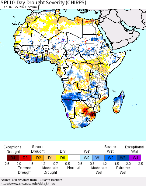 Africa SPI 10-Day Drought Severity (CHIRPS) Thematic Map For 1/16/2023 - 1/25/2023