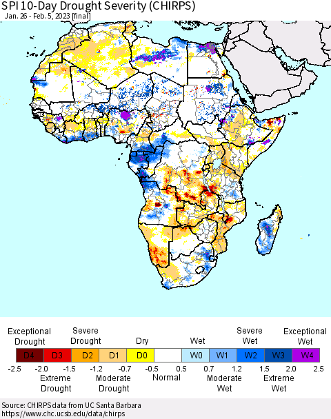 Africa SPI 10-Day Drought Severity (CHIRPS) Thematic Map For 1/26/2023 - 2/5/2023