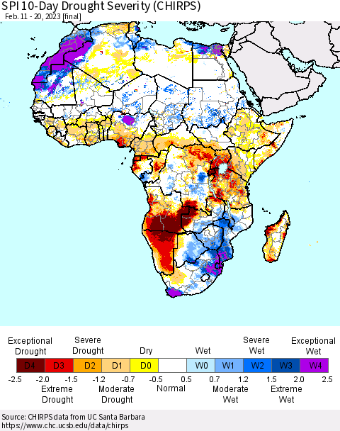 Africa SPI 10-Day Drought Severity (CHIRPS) Thematic Map For 2/11/2023 - 2/20/2023
