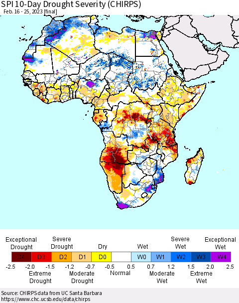 Africa SPI 10-Day Drought Severity (CHIRPS) Thematic Map For 2/16/2023 - 2/25/2023