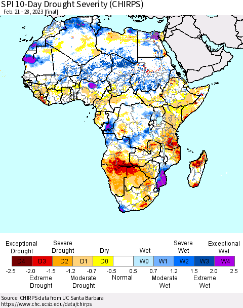 Africa SPI 10-Day Drought Severity (CHIRPS) Thematic Map For 2/21/2023 - 2/28/2023