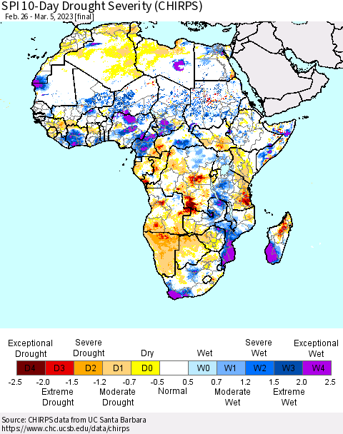 Africa SPI 10-Day Drought Severity (CHIRPS) Thematic Map For 2/26/2023 - 3/5/2023