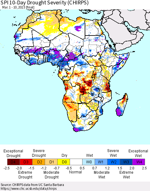 Africa SPI 10-Day Drought Severity (CHIRPS) Thematic Map For 3/1/2023 - 3/10/2023