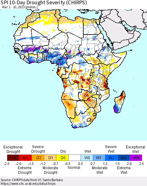 Africa SPI 10-Day Drought Severity (CHIRPS) Thematic Map For 3/1/2023 - 3/10/2023