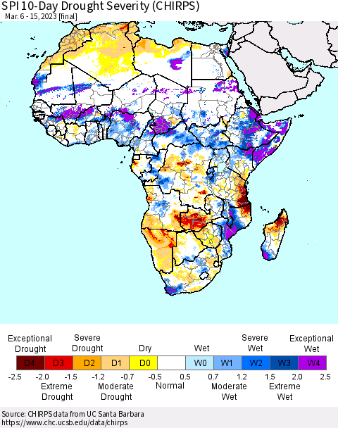 Africa SPI 10-Day Drought Severity (CHIRPS) Thematic Map For 3/6/2023 - 3/15/2023