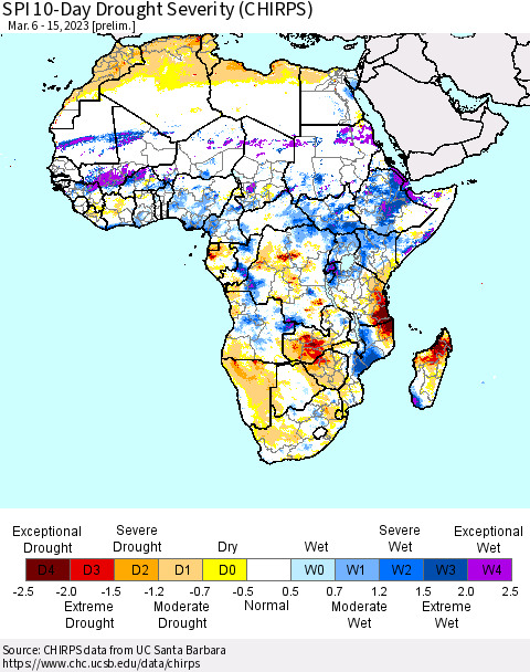 Africa SPI 10-Day Drought Severity (CHIRPS) Thematic Map For 3/6/2023 - 3/15/2023