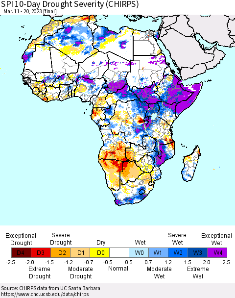 Africa SPI 10-Day Drought Severity (CHIRPS) Thematic Map For 3/11/2023 - 3/20/2023