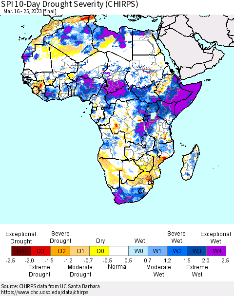 Africa SPI 10-Day Drought Severity (CHIRPS) Thematic Map For 3/16/2023 - 3/25/2023