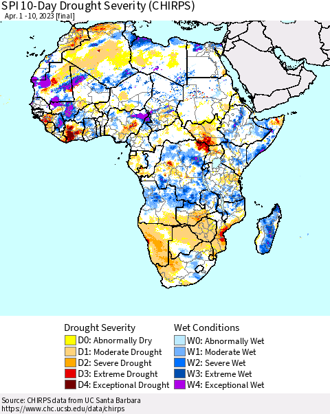 Africa SPI 10-Day Drought Severity (CHIRPS) Thematic Map For 4/1/2023 - 4/10/2023