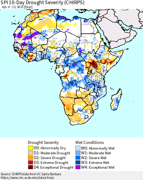 Africa SPI 10-Day Drought Severity (CHIRPS) Thematic Map For 4/6/2023 - 4/15/2023